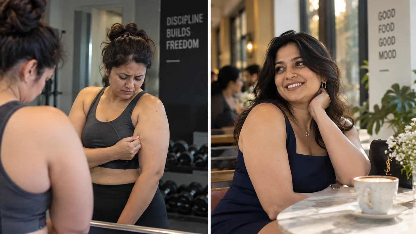 Split screen concept of a 32-year-old woman frustrated with heavy upper arms at the gym, compared to her smiling confidently in a sleeveless dress after laser arm liposuction.