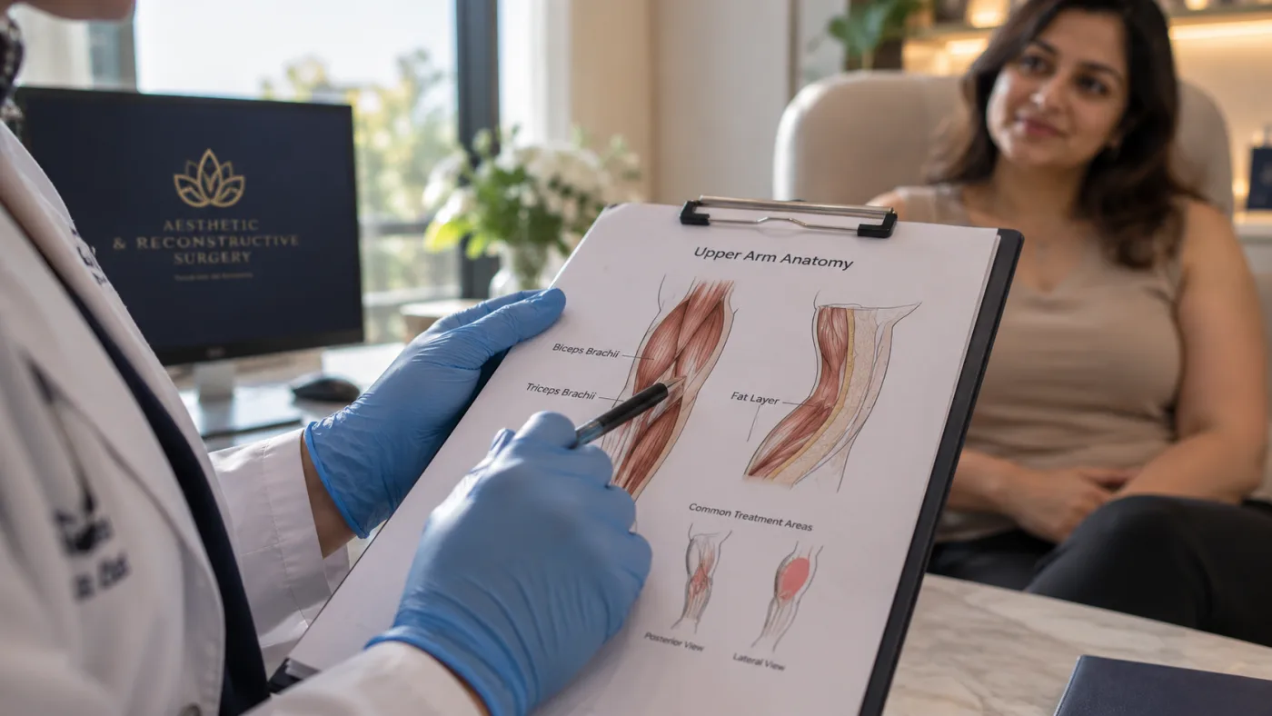 Close up of a plastic surgeon holding a medical clipboard while explaining a personalized arm contouring treatment plan to a female patient.