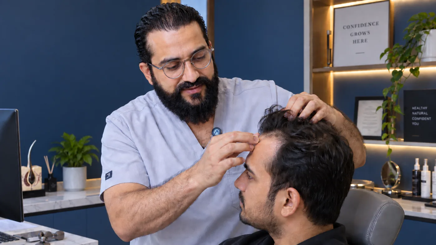 Dr. Umang Kothari examining a male patient's scalp and receding hairline during a hair transplant consultation in Mumbai