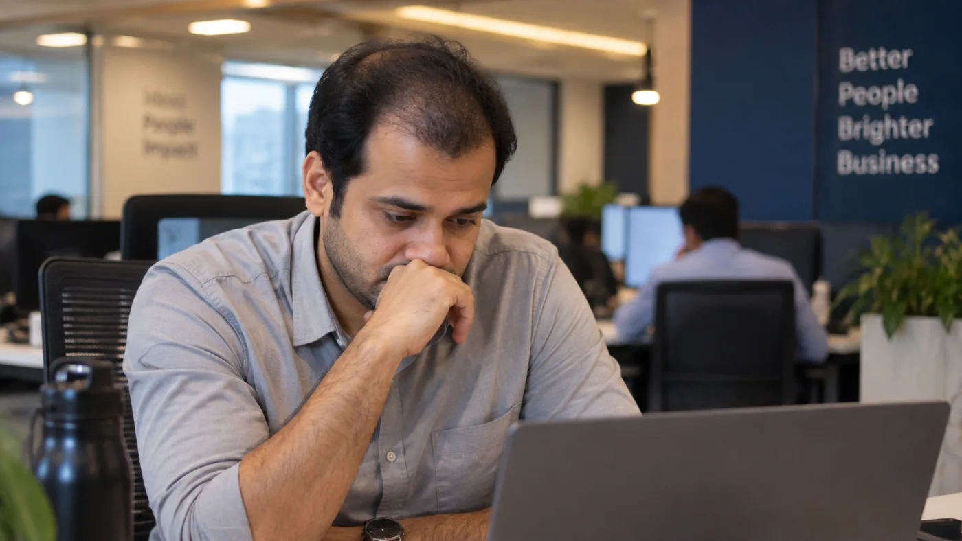 A stressed young corporate professional looking at his laptop in an office, illustrating how premature hair thinning and a receding hairline can impact workplace confidence.