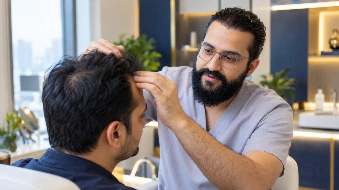 Dr. Umang Kothari examining a patient's scalp and receding hairline to plan a strategic hair restoration at The Hair & Shape Clinic in Mumbai.