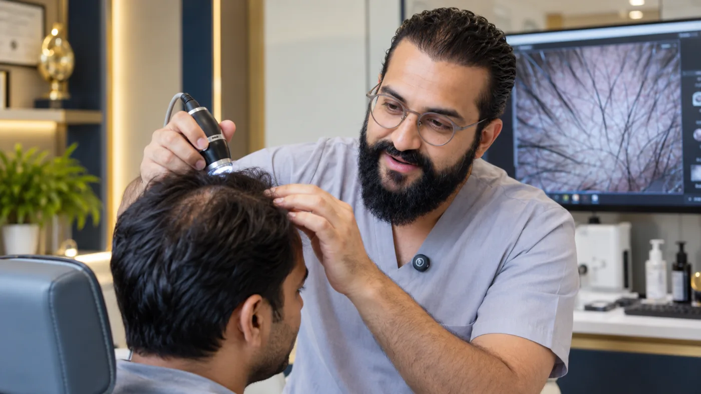 Dr. Umang Kothari utilizing advanced trichoscopy to analyze a patient's scalp density and plan a 5,500-graft hair transplant at The Hair & Shape Clinic in Mumbai.