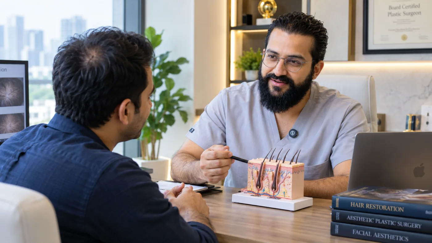Dr. Umang Kothari explaining scalp anatomy and follicle graft planning to a patient during a hair transplant consultation at The Hair & Shape Clinic in Mumbai.