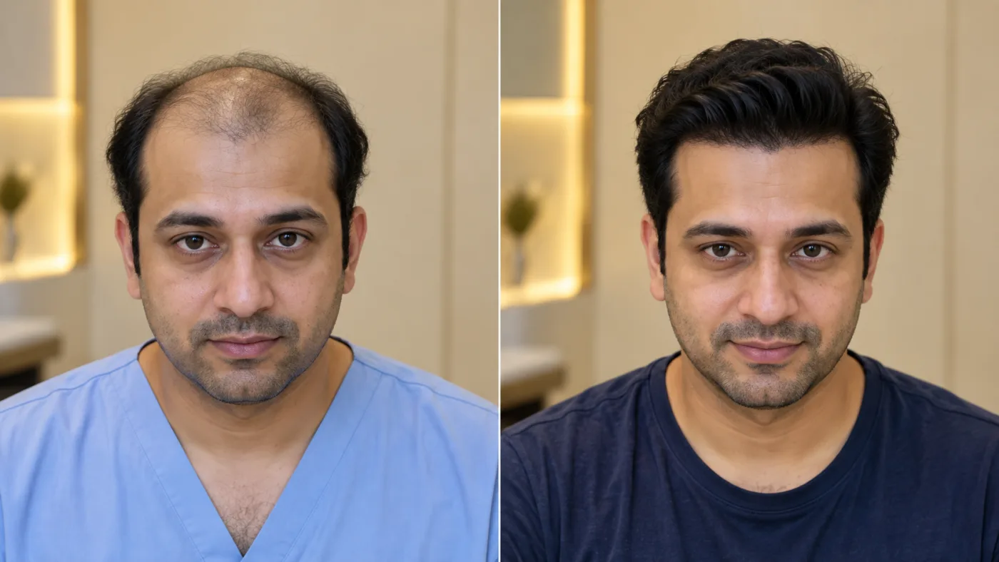 Side-by-side comparison of a 32-year-old patient before and after a 4,500-graft hair transplant to restore his frontal hairline and crown in Mumbai