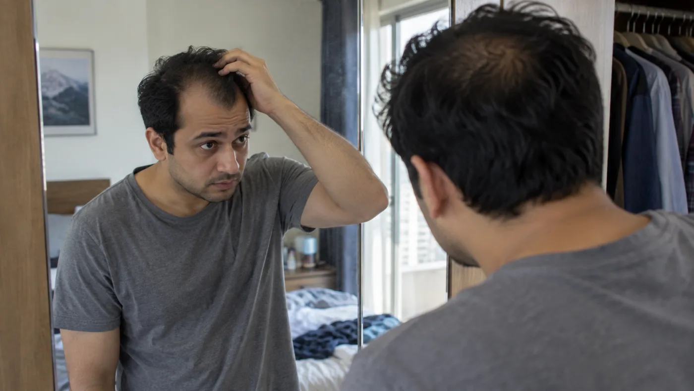 A young man in his late twenties looking into a bedroom mirror, visibly concerned as he inspects his deeply receding frontal hairline and thinning hair.