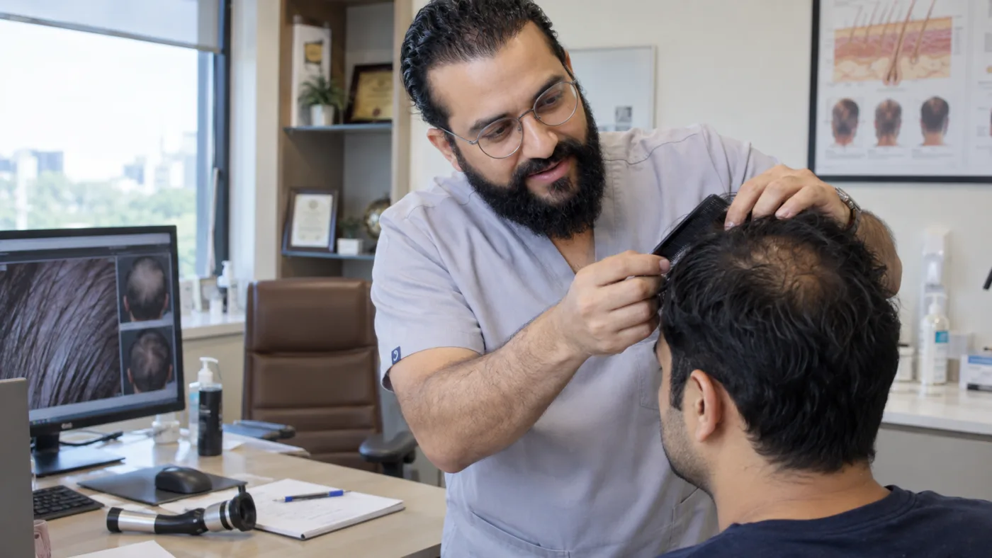 Dr. Umang Kothari physically examining a young patient's scalp density and hair loss pattern using a comb during a consultation at The Hair & Shape Clinic in Mumbai.