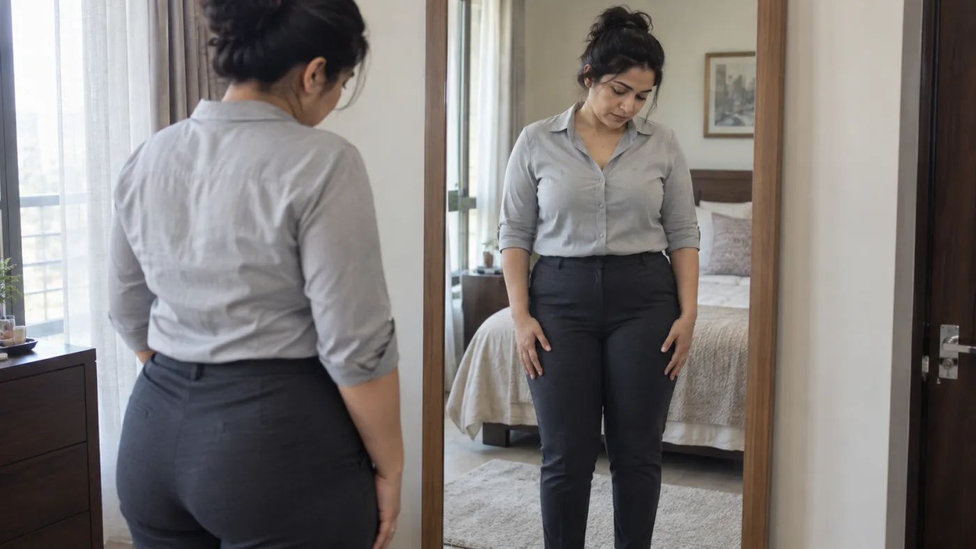 A healthy 38-year-old woman looking in a bedroom mirror, observing the genetic fat distribution and disproportionately heavy thighs that resist exercise and dieting."