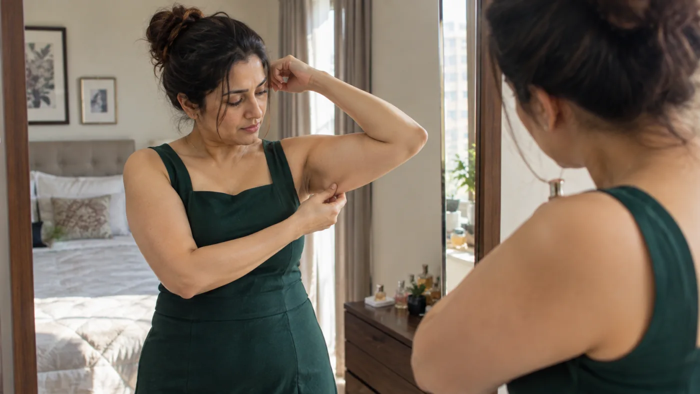 A woman checking loose skin and tissue elasticity under her upper arm in a mirror before considering arm contouring surgery.