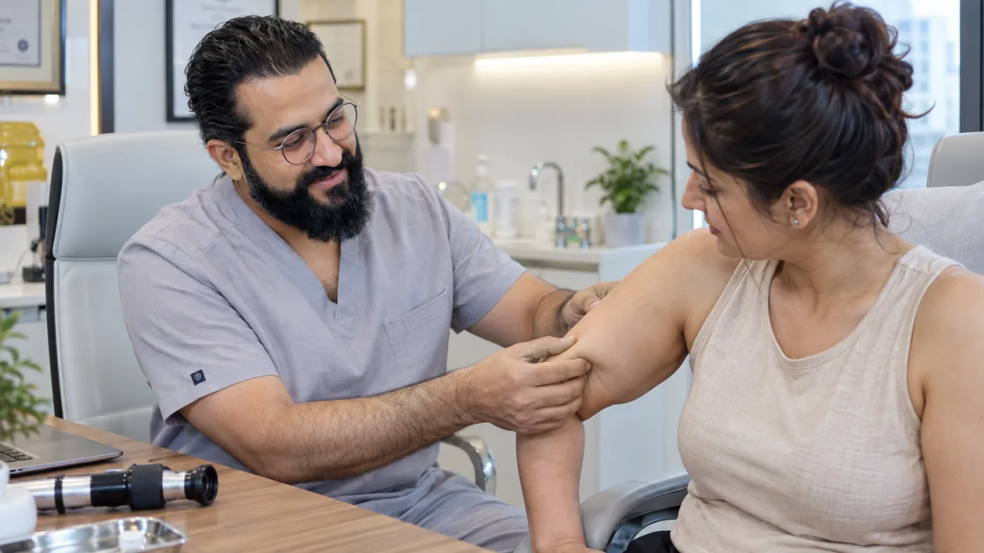 Dr. Umang Kothari gently testing a patient's upper arm skin elasticity during a body contouring consultation at The Hair & Shape Clinic in Mumbai.