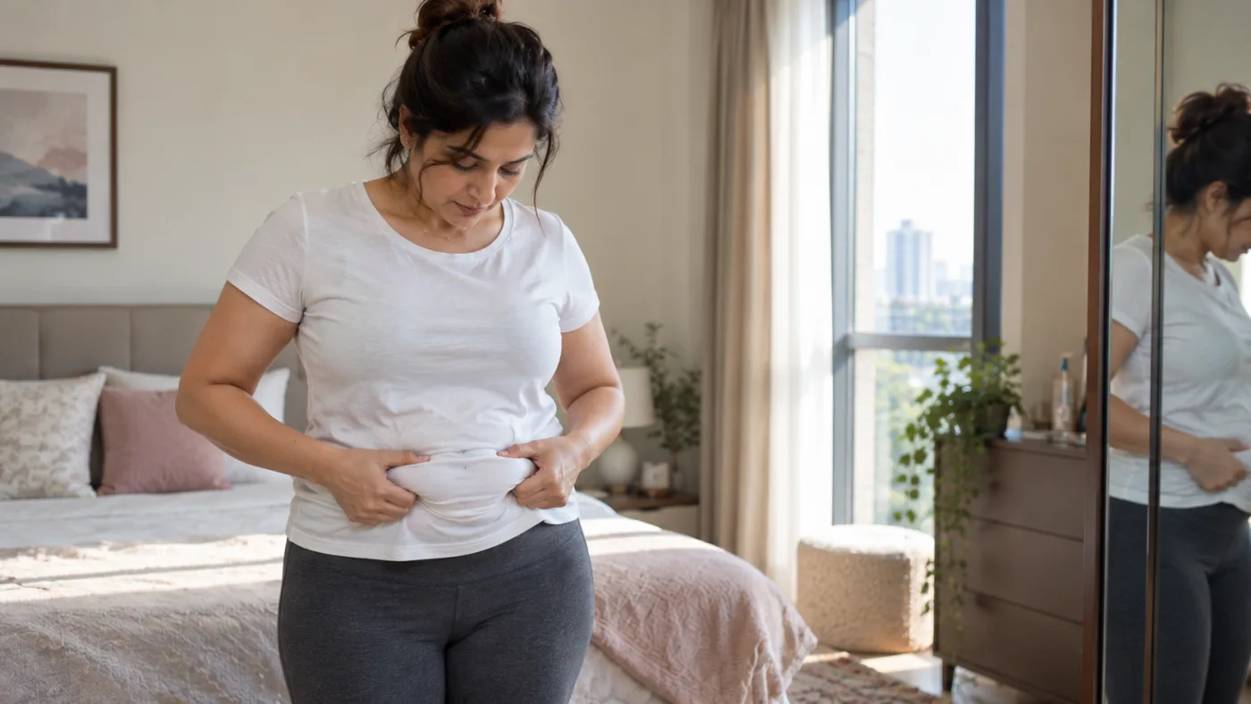 A thoughtful woman standing in front of a bedroom mirror, gently holding the loose skin around her midsection, representing the common frustration of separated core muscles before considering a tummy tuck.