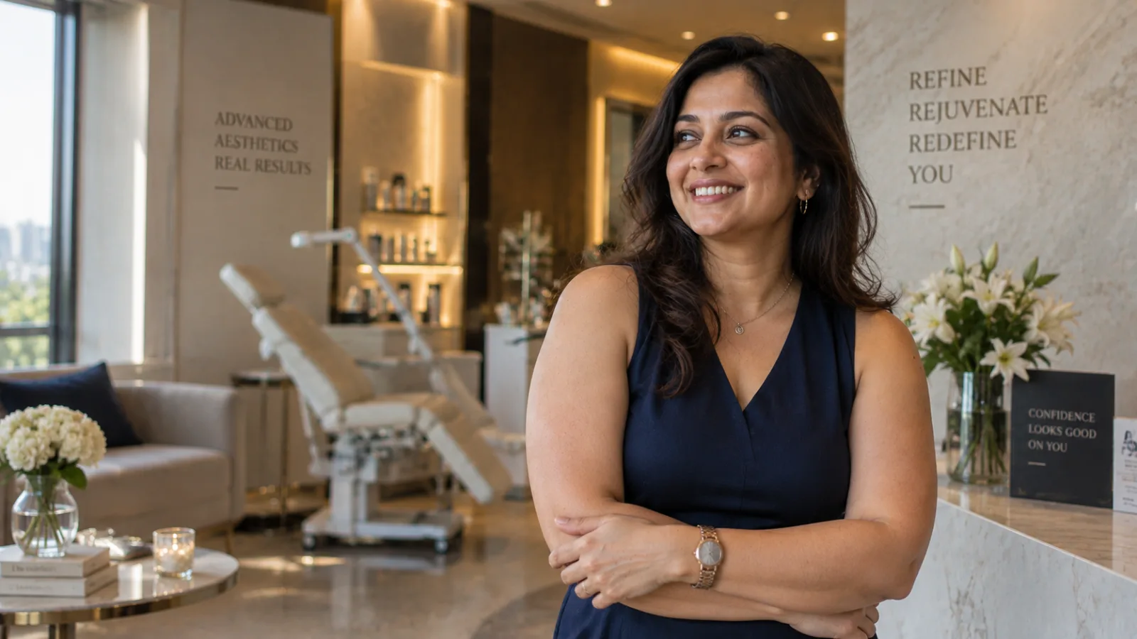 A smiling Indian woman confidently wearing a sleeveless navy blue dress inside a luxury aesthetic clinic after successful laser arm liposuction.