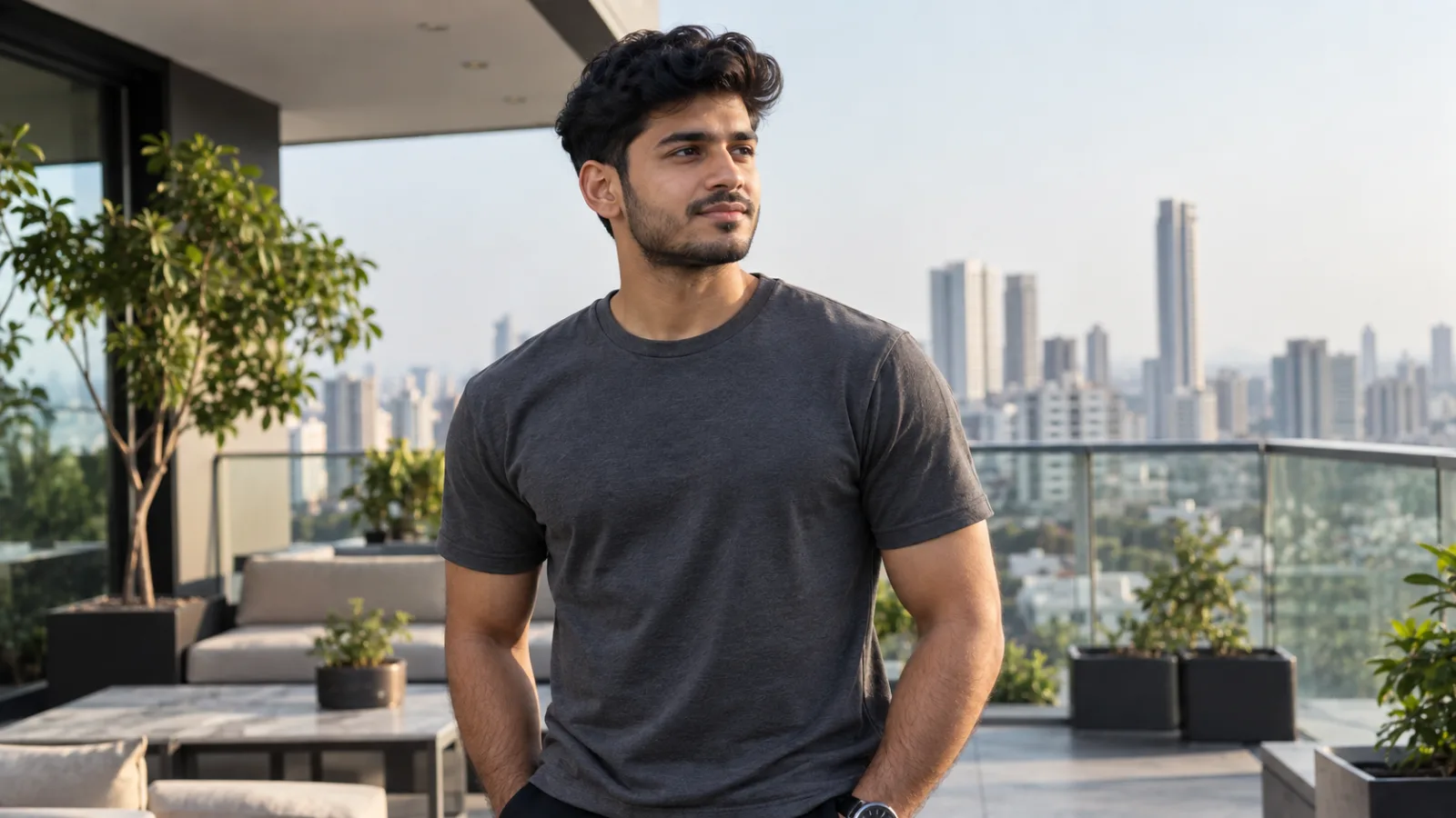 A confident young man with a contoured chest wearing a fitted grey t-shirt on a city terrace after gynecomastia surgery in Mumbai.