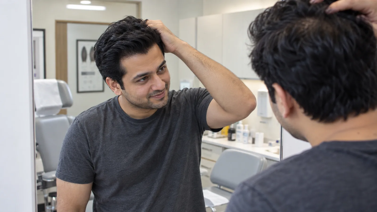 A confident young man checking his thick, restored frontal hairline in a clinical mirror after a successful 4,500-graft FUE hair transplant at The Hair &amp; Shape Clinic.