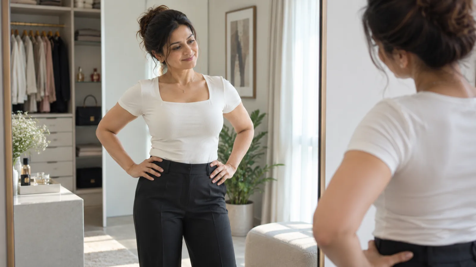 A confident woman smiling in a mirror, wearing high-waisted trousers and a tucked-in shirt to showcase her flat, contoured abdomen after a successful tummy tuck in Mumbai.