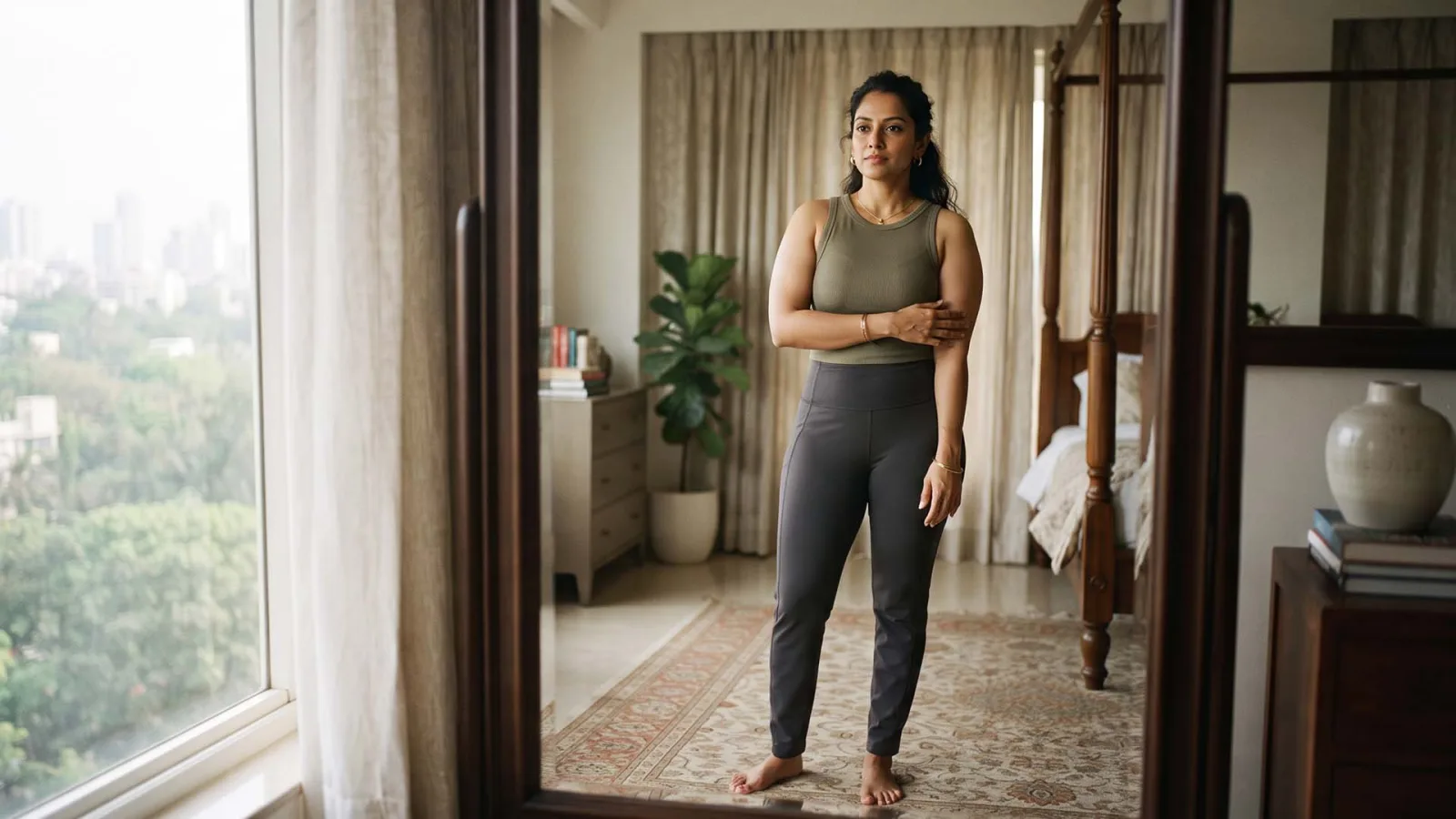 A confident female patient wearing a sleeveless top, showcasing her tightened, contoured upper arms after a successful arm lift at The Hair &amp; Shape Clinic in Mumbai.