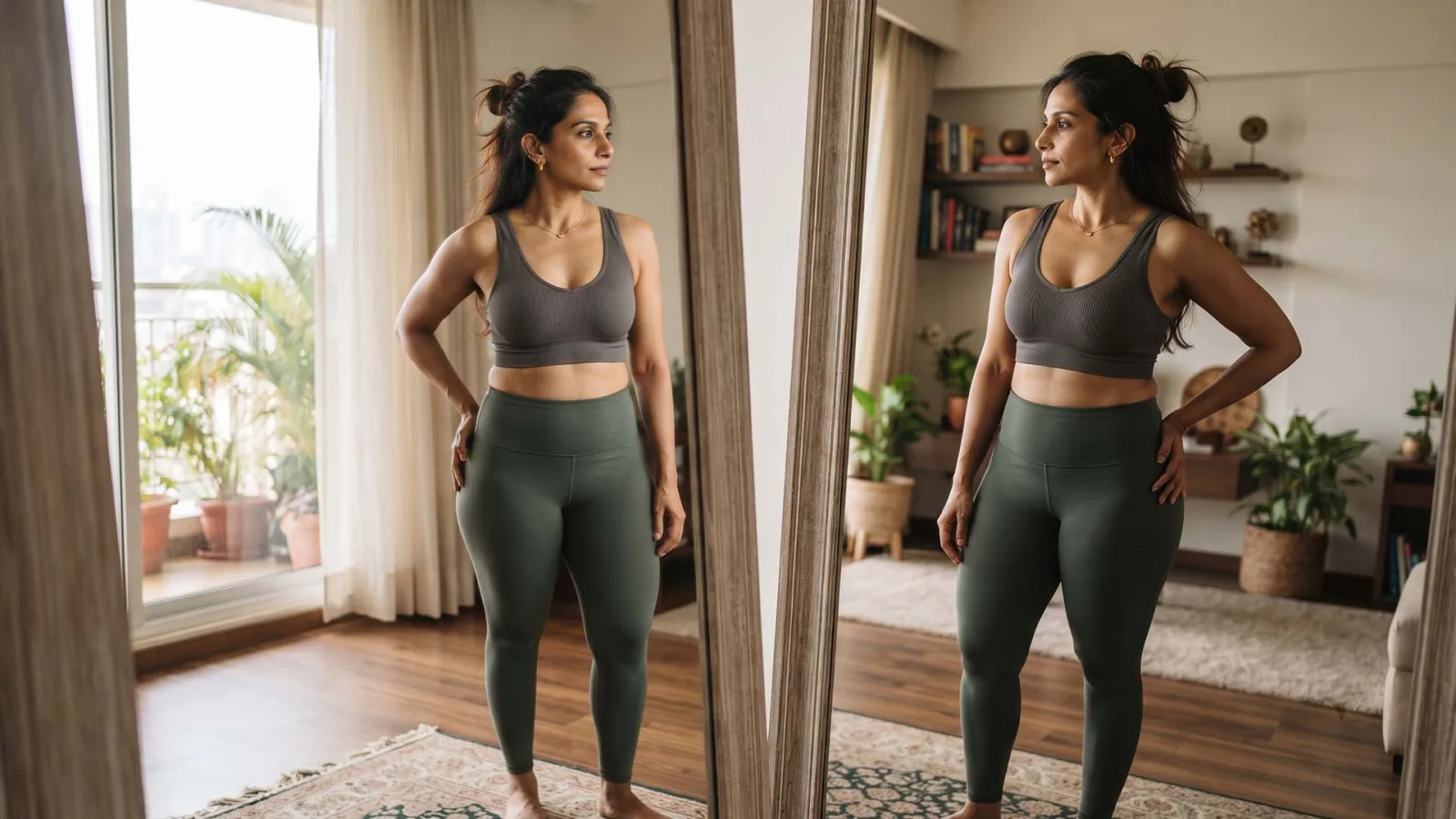 A smiling 38-year-old female patient admiring her newly contoured thighs in a full-length mirror following successful laser liposuction at The Hair &amp; Shape Clinic in Mumbai.